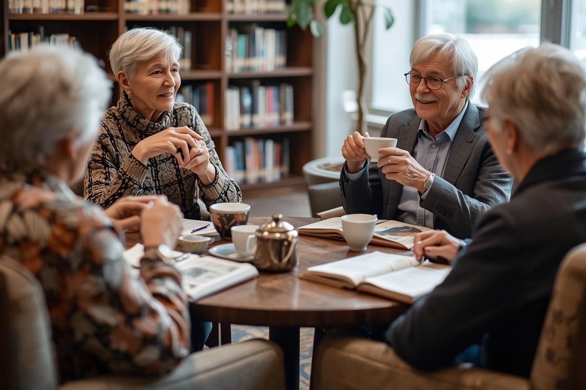 Grupa seniorów siedzi przy stoliku, na którym leżą książki, kobiety i mężczyzna piją herbatę i rozmawiają
