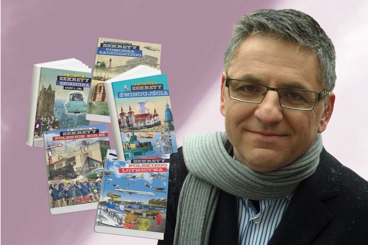 Mężczyzna w okularach z szyją owiniętą szalikiem, z lewej okładki pięciu książek