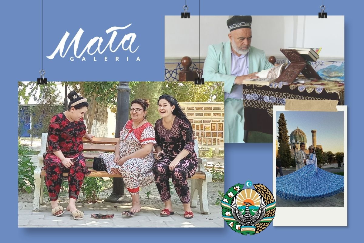 Na niebieskim tle logo Małej Galerii, trzy fotografie przedstawiające współczesnych mieszkańców Uzbekistanu