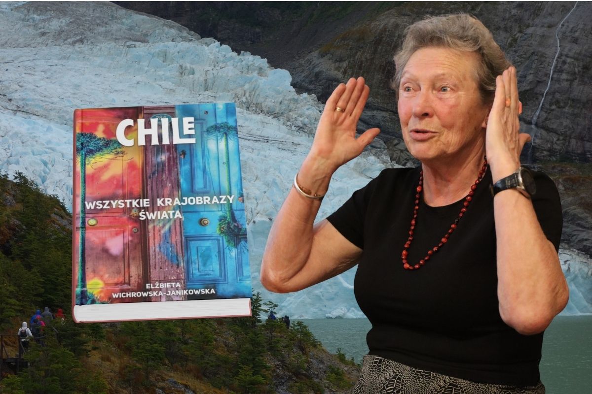 Starsza kobieta w czerwonych koralach z uniesionymi rękami, w tle jęzor lodowca, z lewej okładka książki