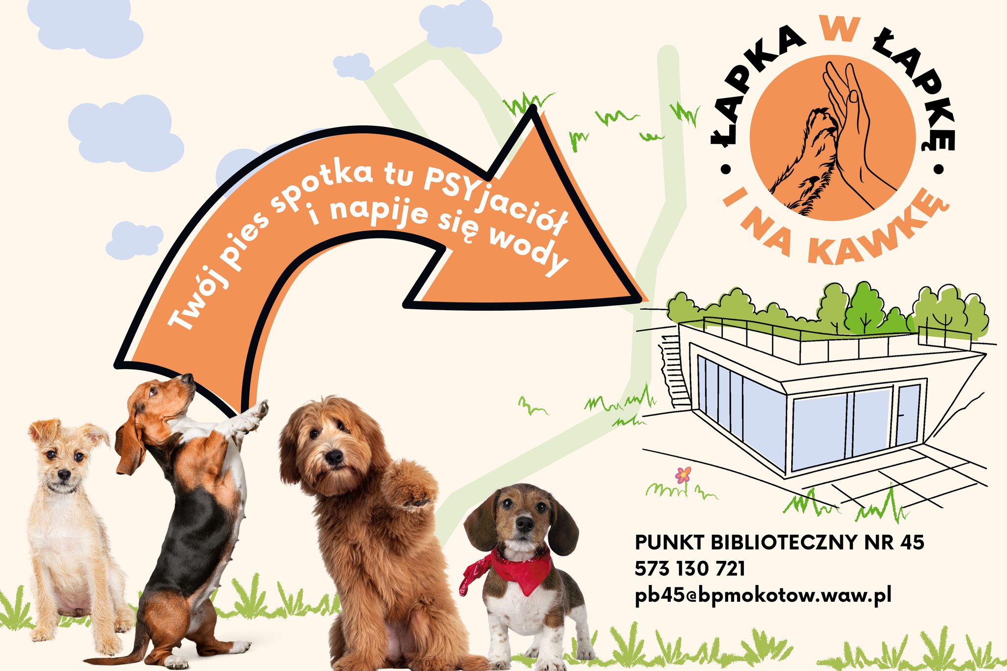 Na żółtym tle wizerunki psów, strzałka z napisem: twój pies spotka tu PSYjaciół i napije się wody, logo akcji, rysunek budynku