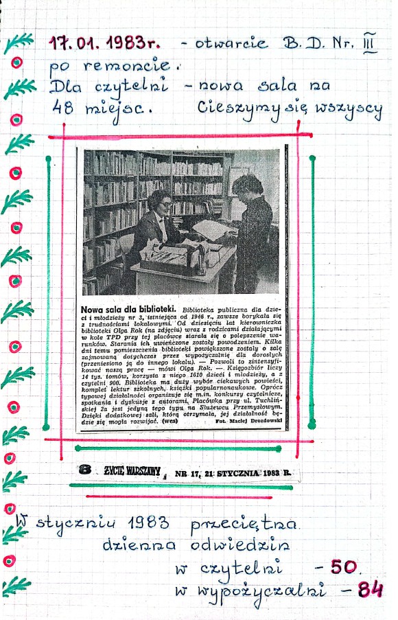 Karta z kroniki bibliotecznej, napisy w treści artykułu, skan artykułu z gazety ze zdjęciem