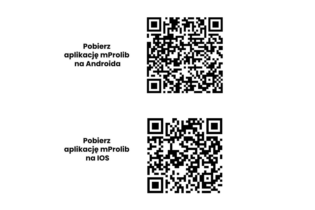 Na białym tle dwa kody QR do aplikacji mProlib. Napis: pobierz aplikację mProlib w sklepie Google Play i AppStore