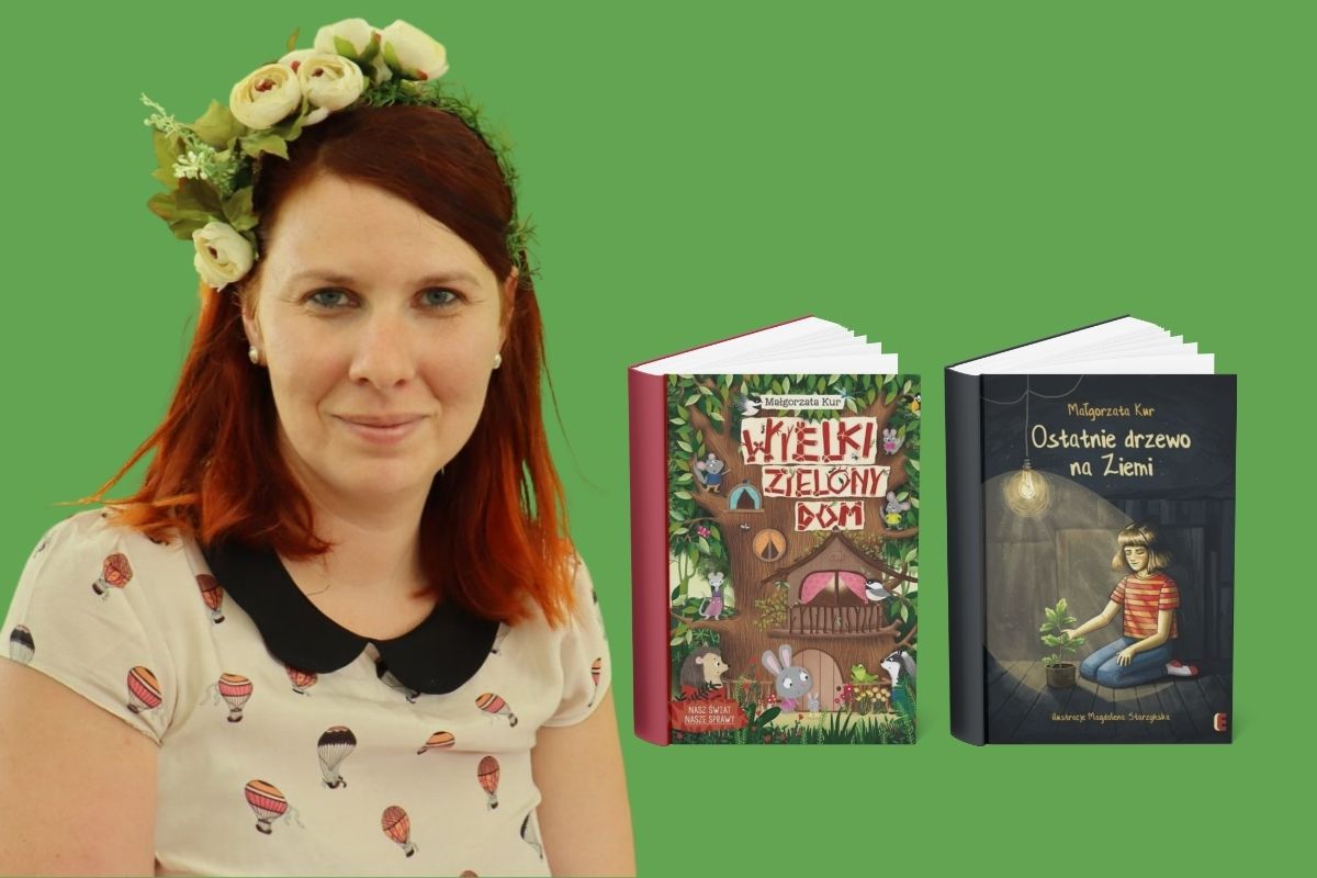 Na zielonym tle rudowłosa kobieta w wianku na głowie, z prawej okładki dwóch książek