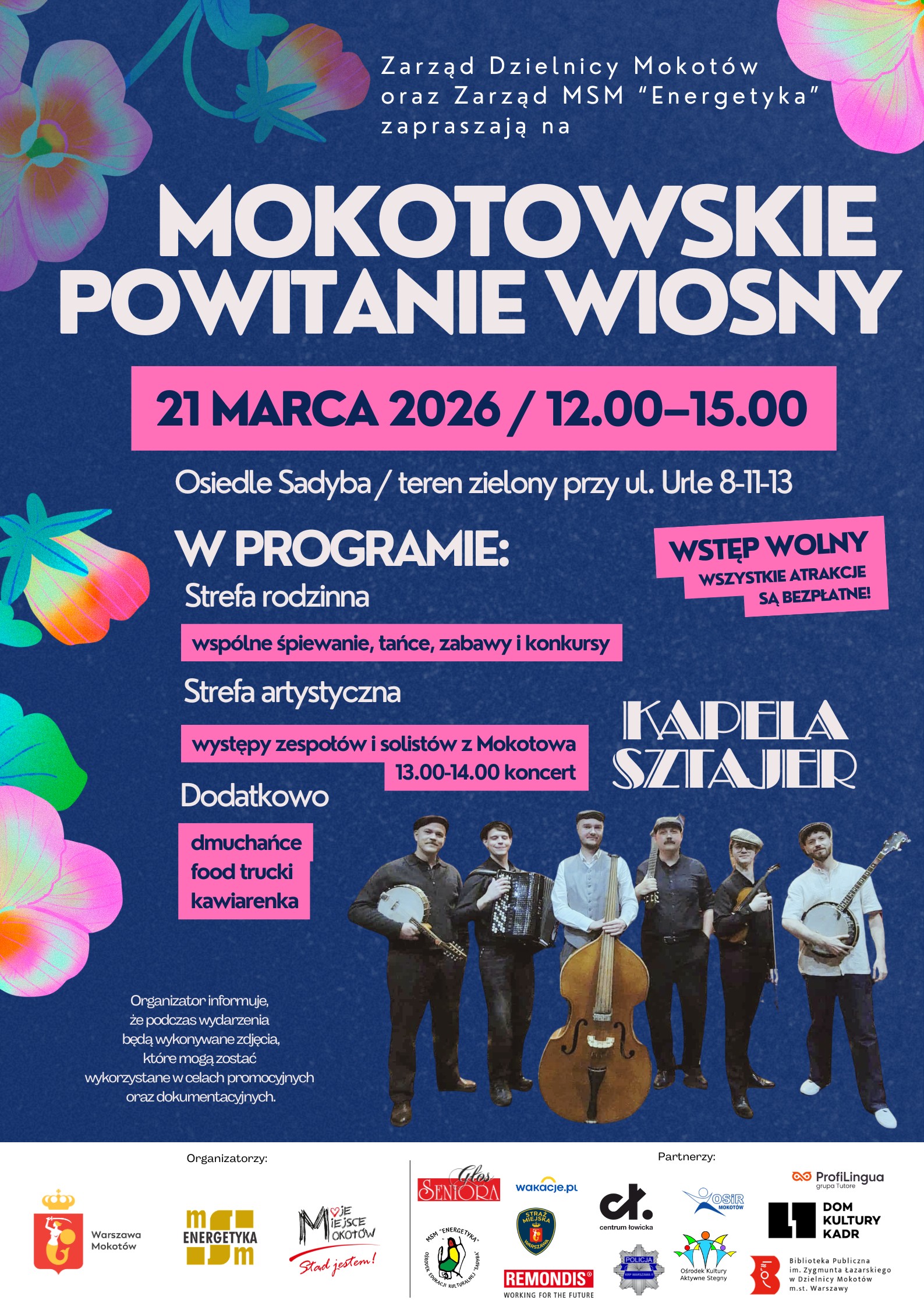 Plakat Mokotowskiego powitania wiosny: mężczyźni w kaszkietach z różnymi instrumentami, na dole logotypy, tekst zawarty w treści artykułu