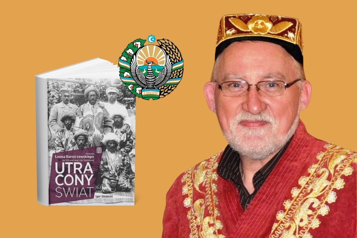 Na żółtym tle mężczyzna w okularach w stroju uzbeckim, log Uzbekistanu, okładka książki