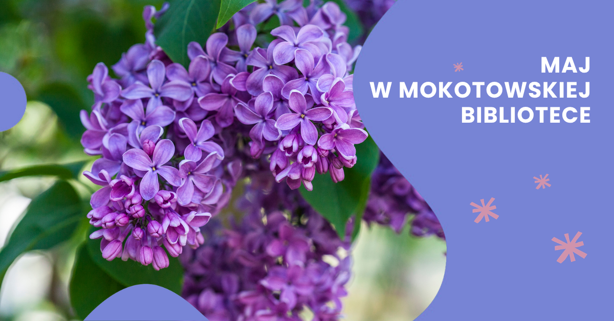 Na różowym tle napis: kwiecień w mokotowskiej bibliotece, zdjęcie kwitnącej wiśni, elementy dekoracyjne