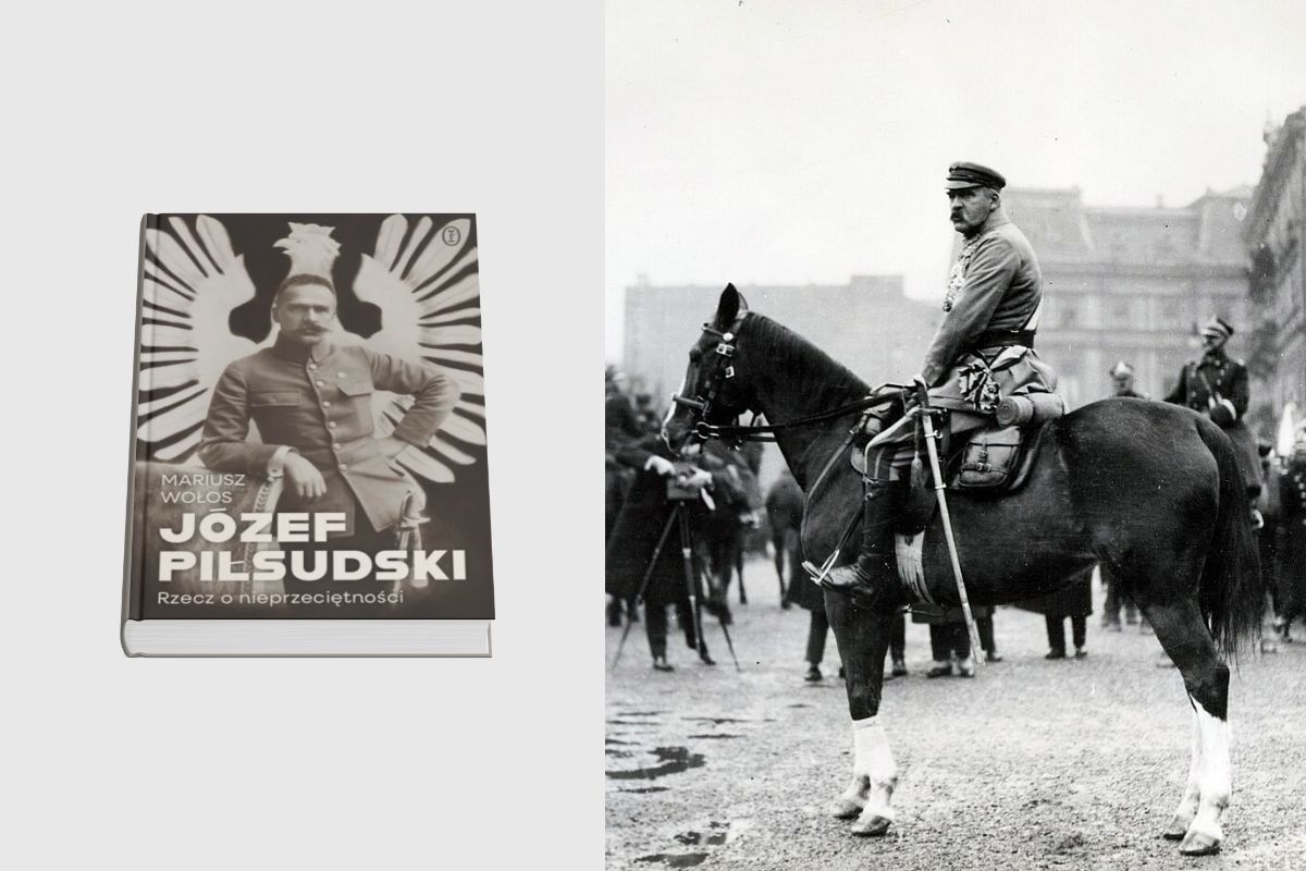 Na beżowym tle okładka książki z Marszałkiem Piłsudskim, z prawej zdjęcie Józefa Piłsudskiego na koniu