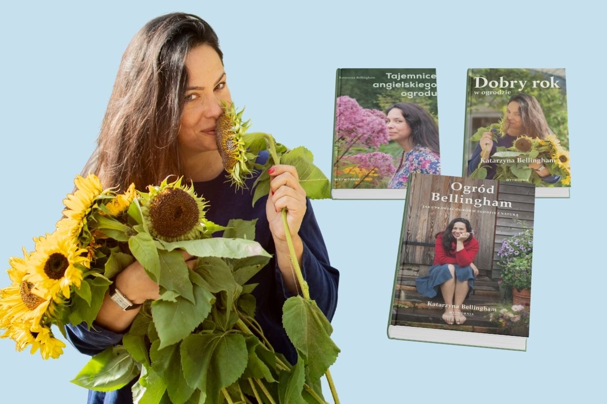 Kobieta z długimi ciemnymi włosami trzyam w rękach naręcze słoneczników i wącha jeden kwiat, z prawej trzy okładki książek