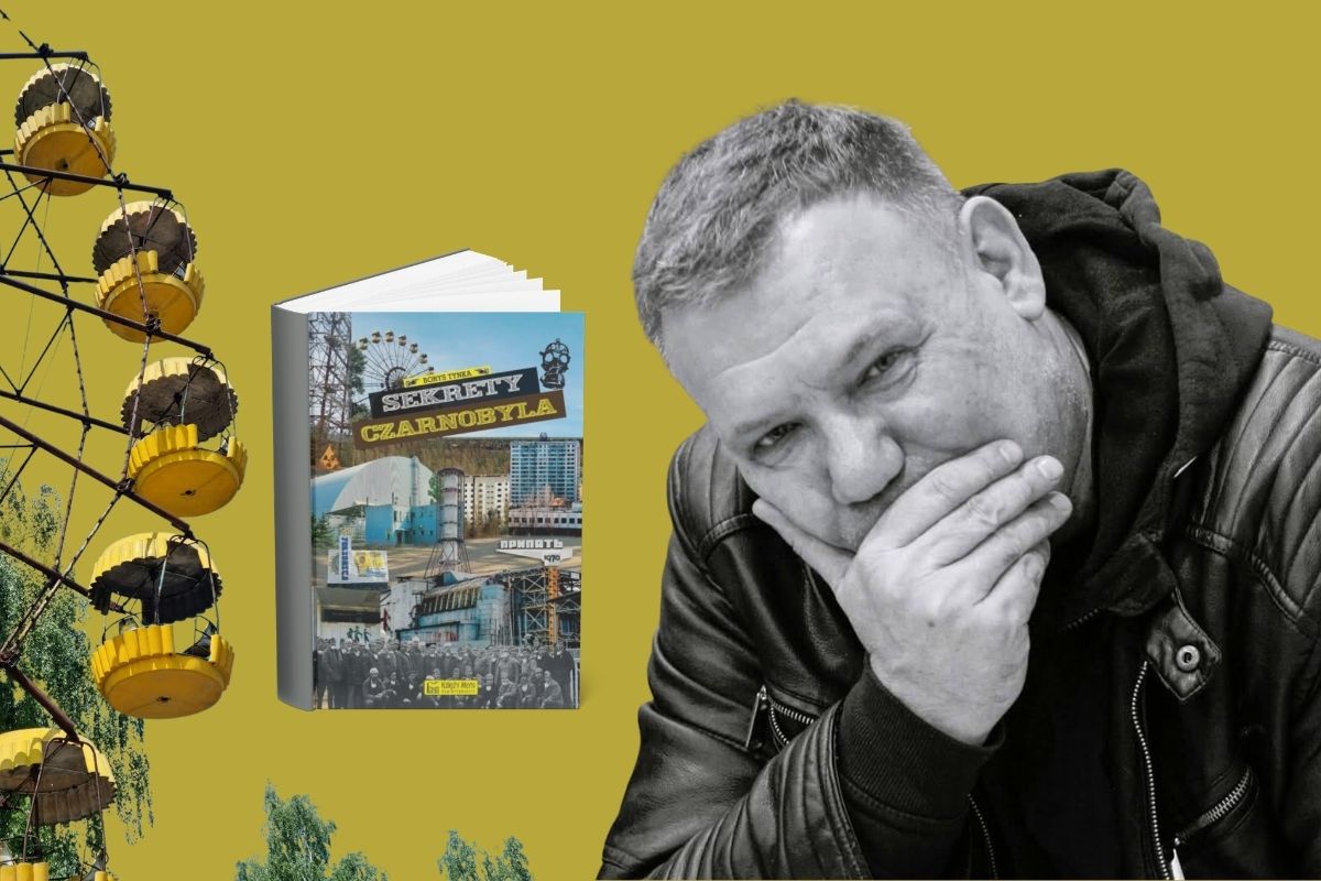 Pochylony mężczyzna w średnim wieku zakrywa dłonią usta, z lewej okładka książki i fragment diabelskiego młynu