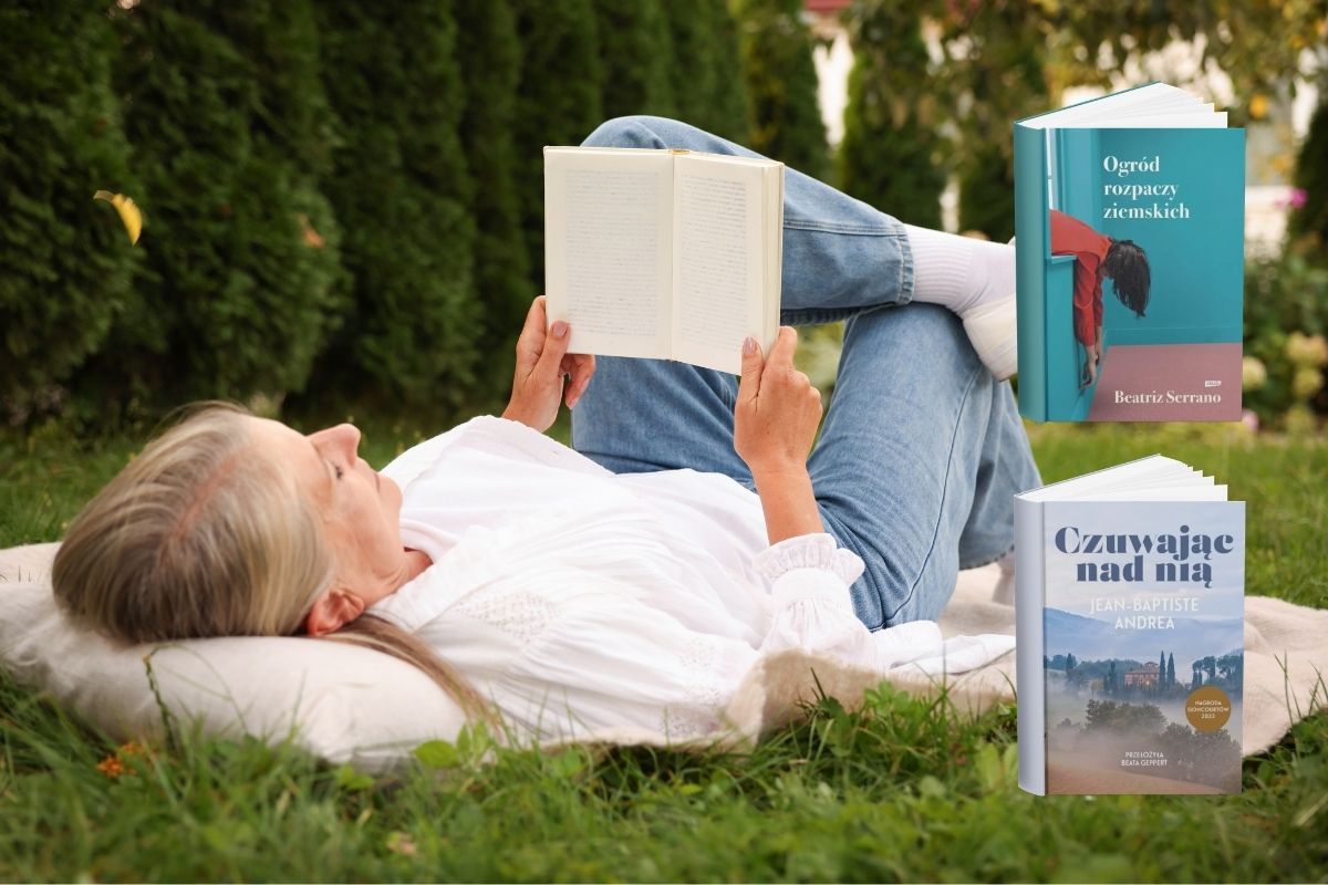 Kobieta leży na trawie z poduszką pod głową i czyta książkę, po prawej dwie okładki książek