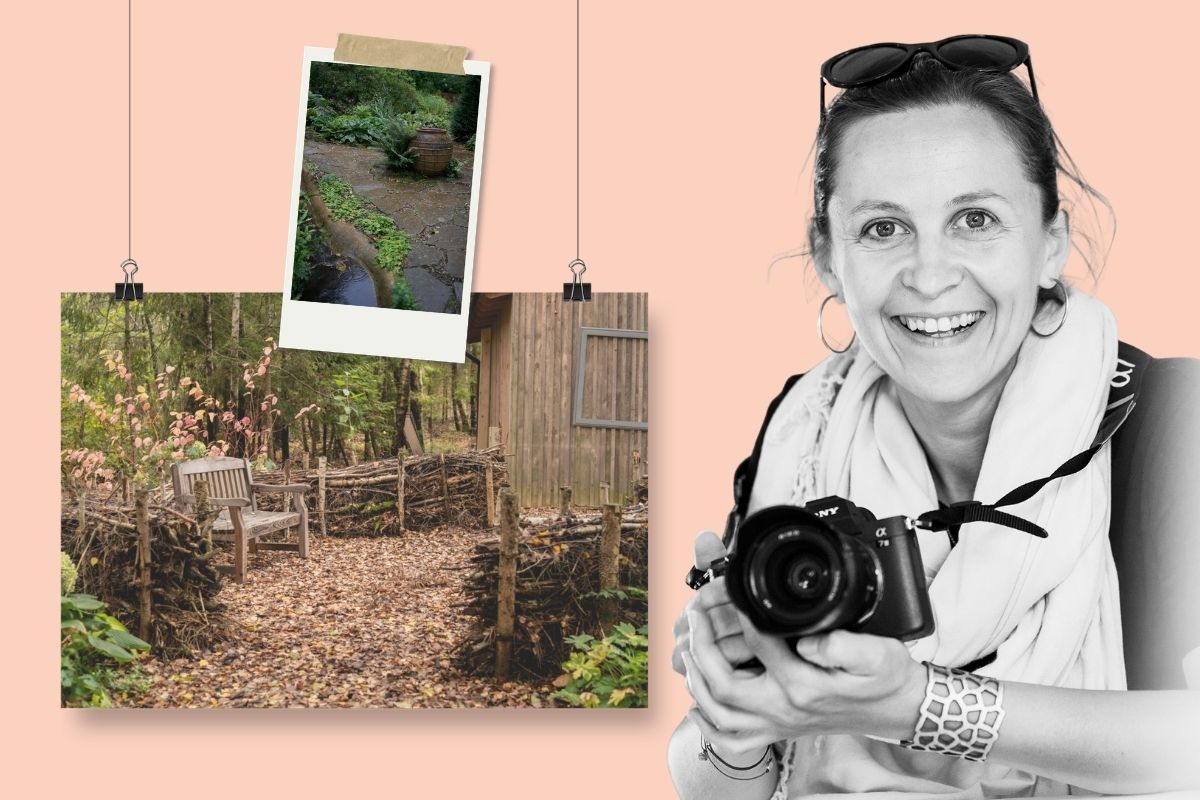 Uśmiechnięta kobieta z aparatem fotograficznym w rękach, z lewej dwa zdjęcia z ogrodów