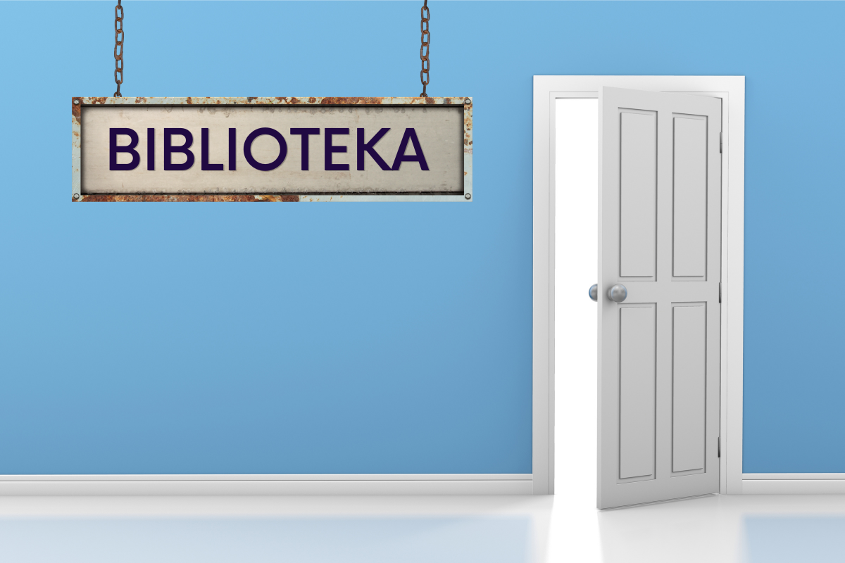 Na niebieskim tle napis Biblioteka, obok półprzymknięte drzwi.