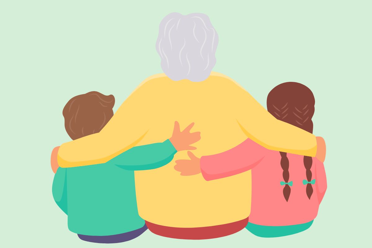 Na jasnozielonym tle rysunek obejmujących się sylwetek dzieci i babci