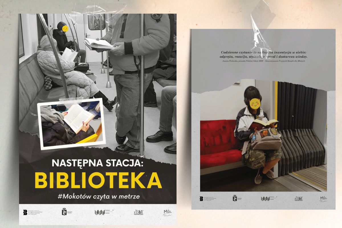 Plansze wystawy "Następna stacja: Biblioteka", ludzie czytający książki w wagonie metra
