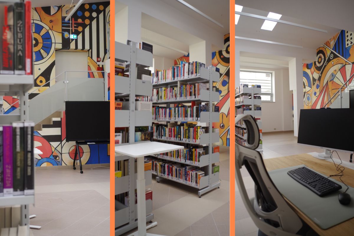 Kolaż zdjęć: półki z książkami, telewizor, kolorowa ściana, stolik biblioteczny, nowoczesne stanowisko pracy z komputerem