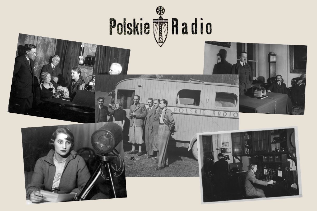 Na beżowym tle przedwojenne logo Polskiego Radia i archiwalne zdjęcia z wnętrz Polskiego Radia