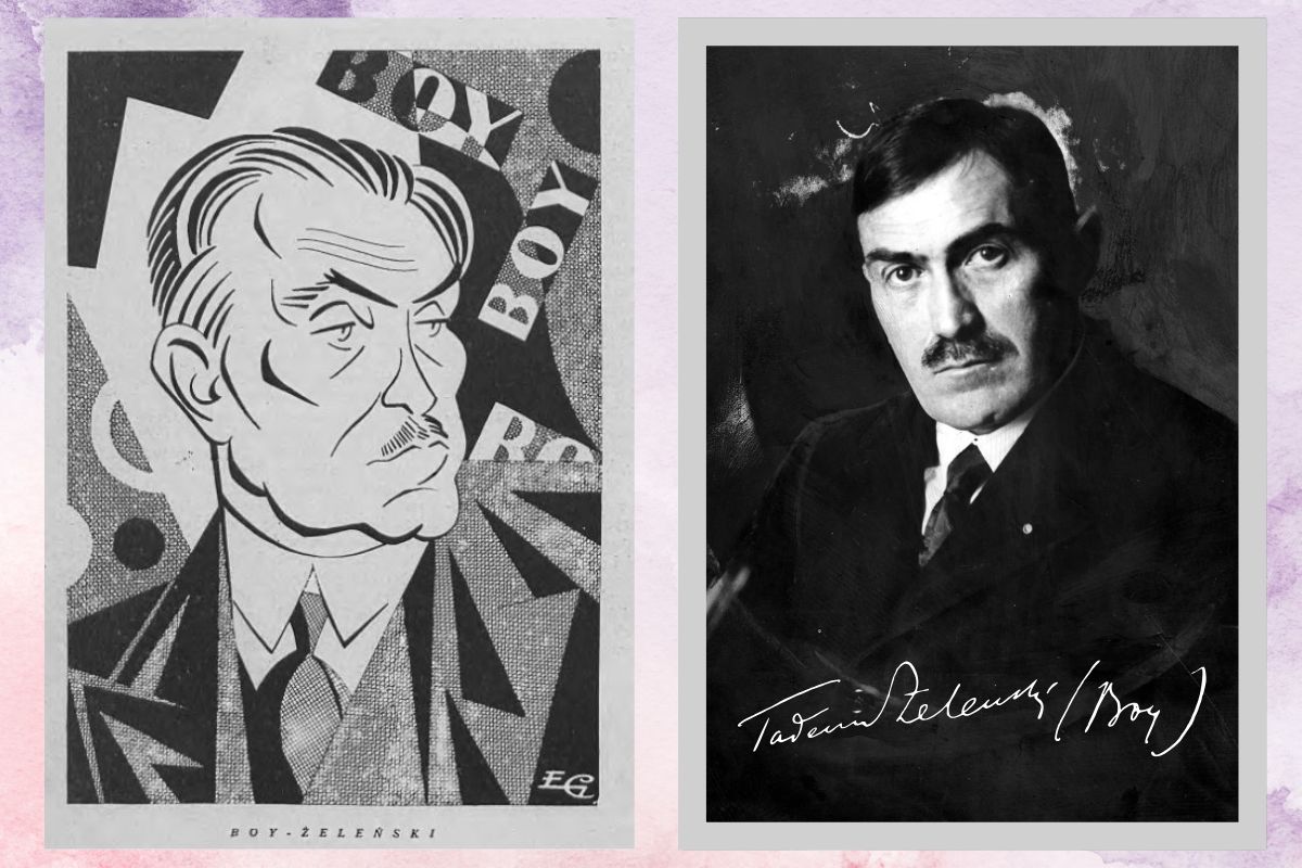 Na fioletowo-różowym tle dwa portrety Mężczyzny z czarnym wąsem, jeden to karykatura, a drugi to zdjęcie