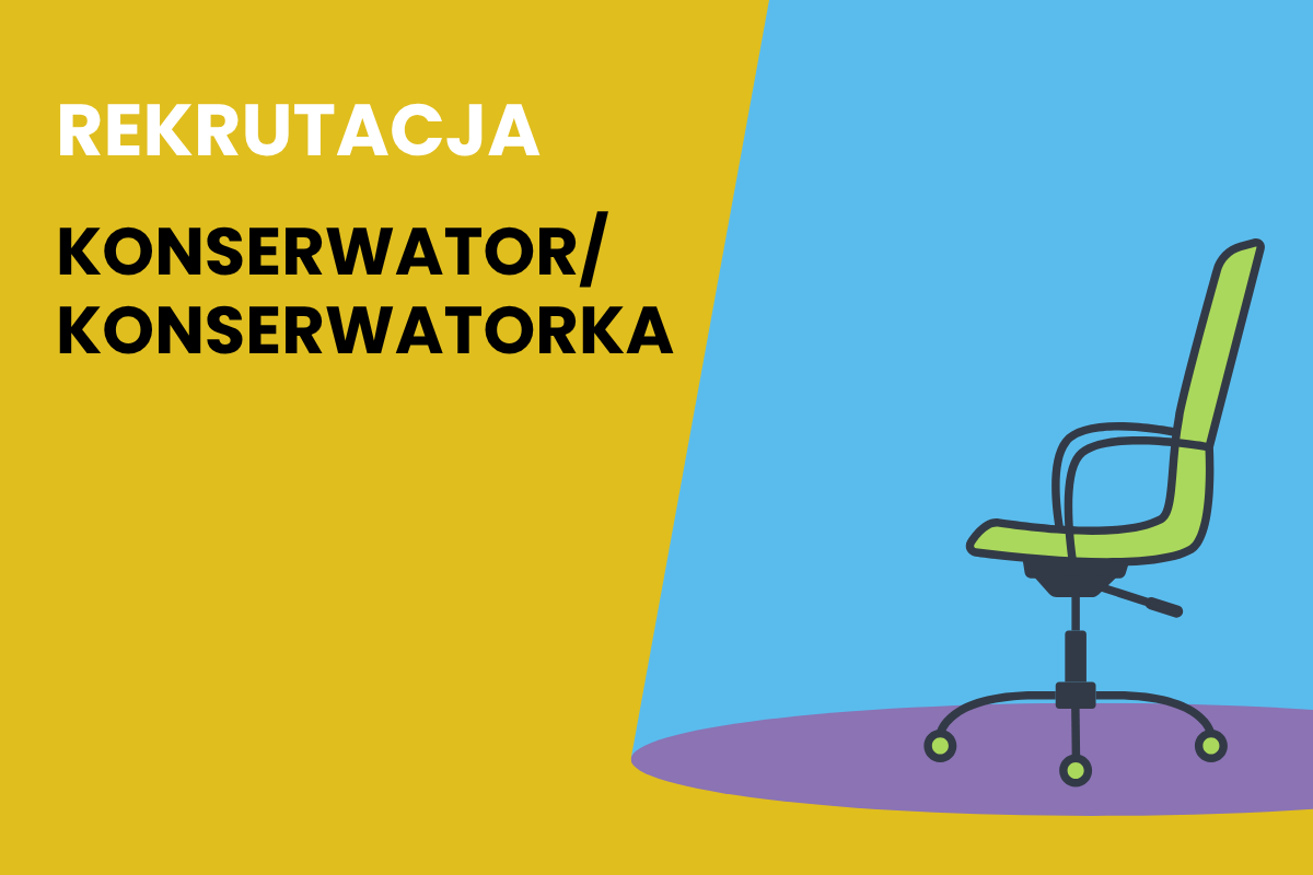 Na musztardowym tle napis: rekrutacja: konserwator/konserwatorka, ozdobny element graficzny fotela biurowego w świetle reflektora