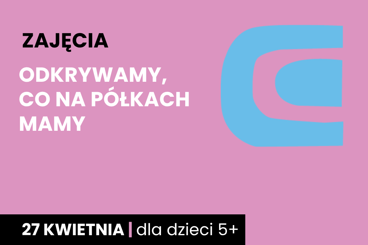 Prosty rysunek leżącej książki. Do tego tekst; zajęcia; odkrywamy, co na półkach mamy; 27 kwietnia; dla dzieci 5 plus.