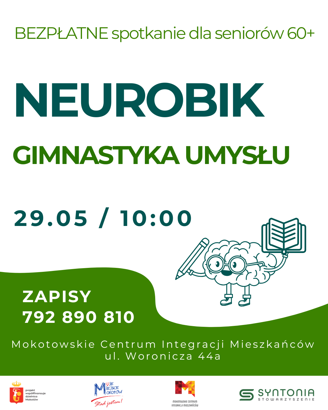 Biało-zielona grafika z rysunkiem mózgu trzymającego ołówek i książkę, treść napisów zawarta w artykule