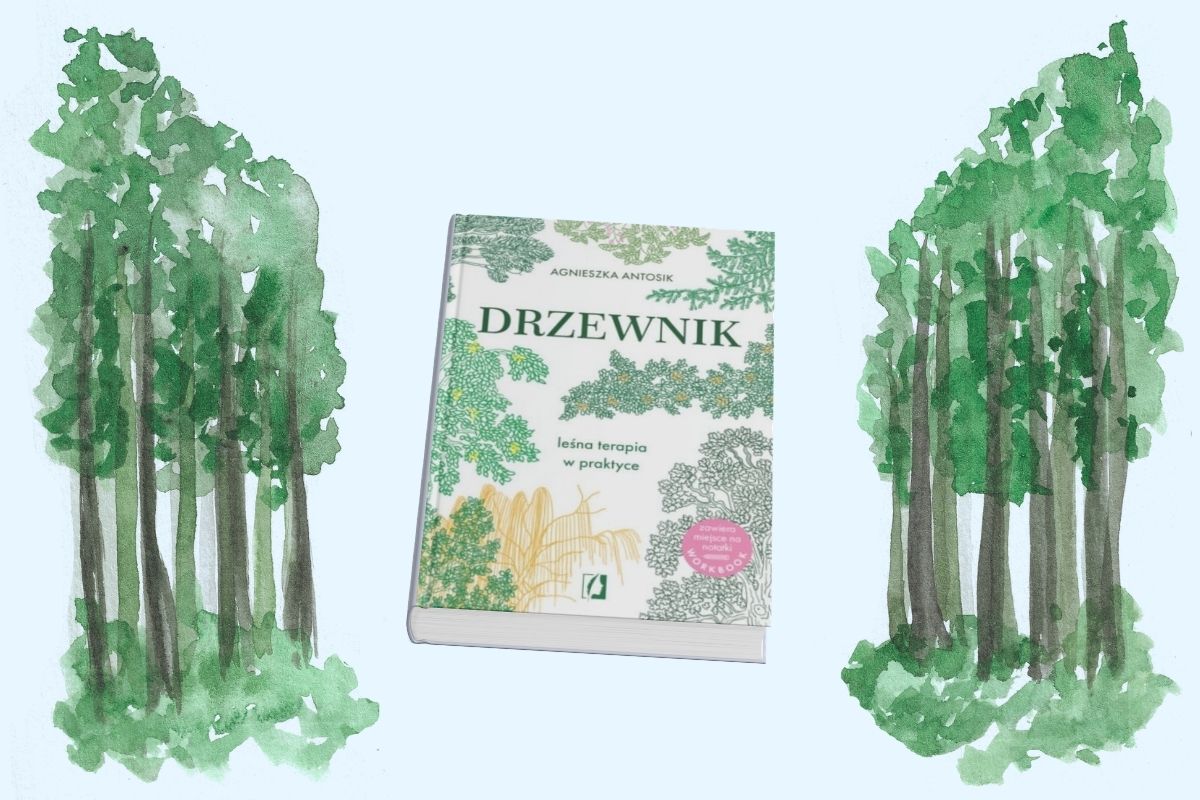 Na błękitnym tle namalowane dwa zbiorowiska drzew, pomiędzy nimi okładka książki