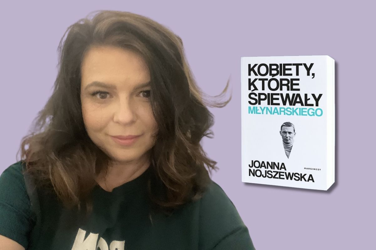Na fioletowym tle kobieta z ciemnym włosami, z prawej okładka książki