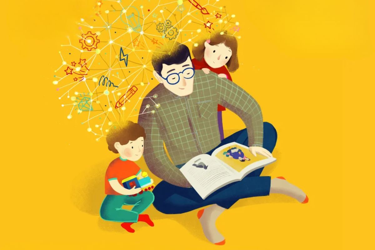 Ilustracja przedstawia ojca czytającego książkę dwójce dzieci.