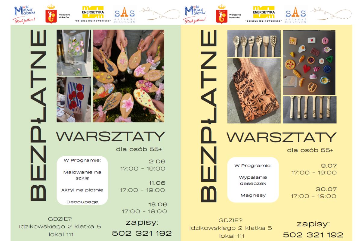 Plakaty: kolaż zdjęć prac artystycznych z warsztatów dla seniorów, m.in. malowanie na szkle, malowanie akrylem, wypalanie deseczek, tekst zawarty w artykule