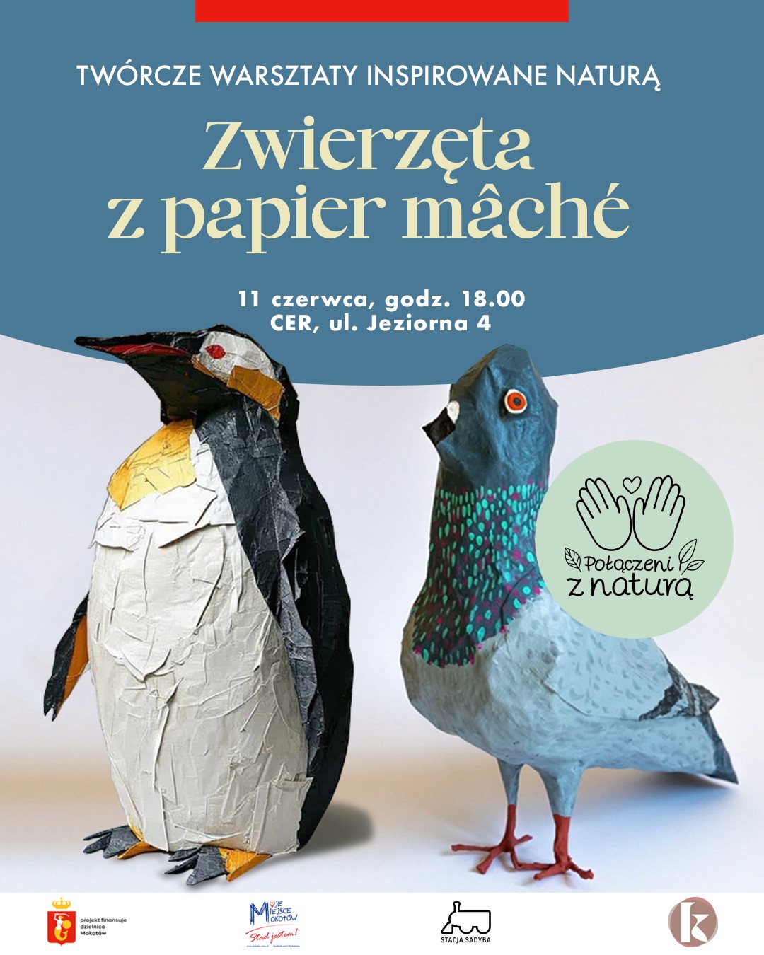 Na szaro-niebieskim tle pingwin i gołąb wykonane techniką papier mâché, treść napisów w artykule