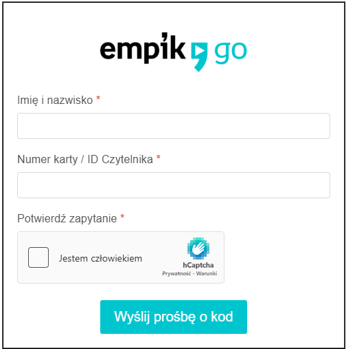 Na białym tle napis: empik Go, imię i nazwisko, numer karty/id czytelnika, potwierdź zapytanie, wyślij prośbę o kod