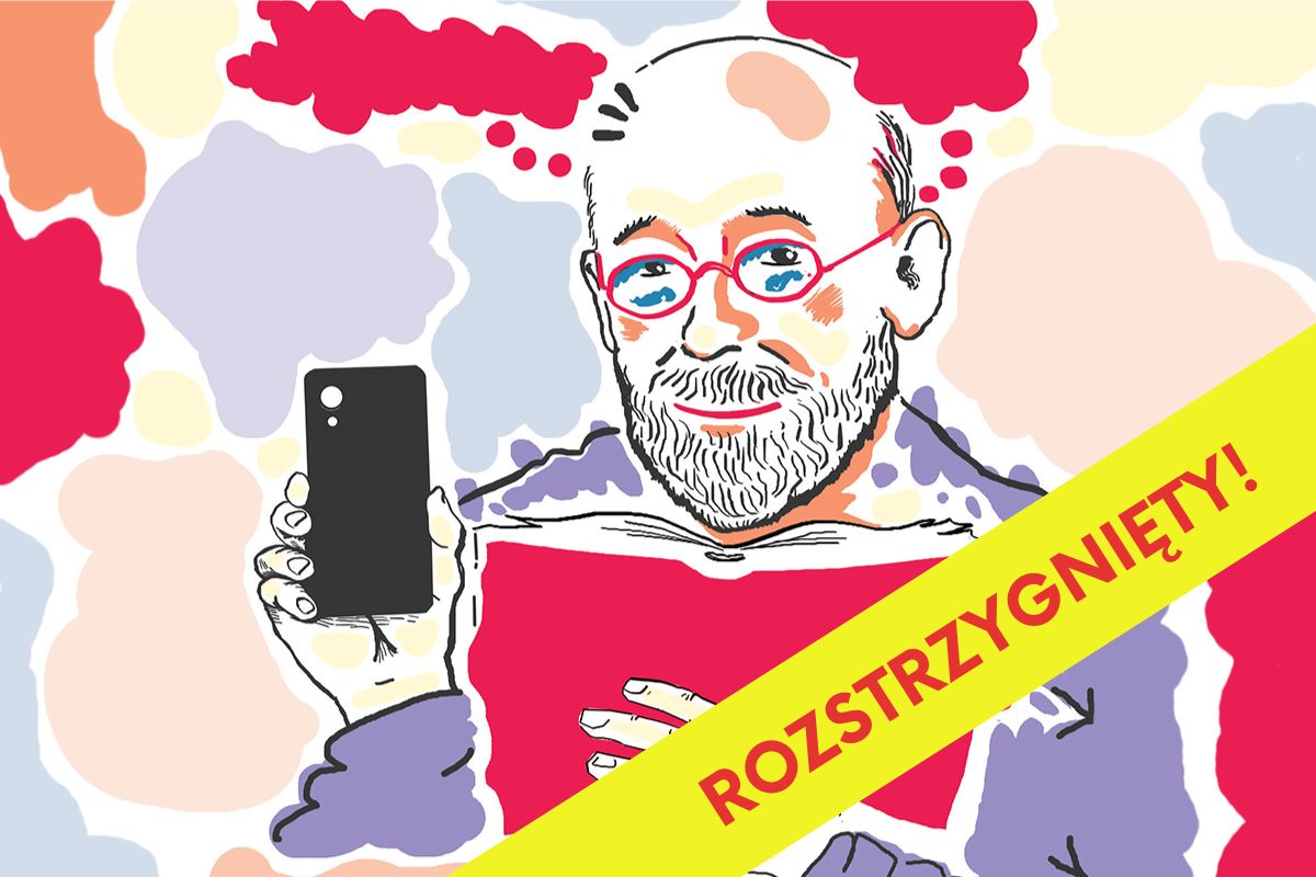 Mężczyzna w okularach i z brodą trzymający książkę i smartfon, w tle kolorowe plamy, na żółtym pasku napis: rozstrzygnięty