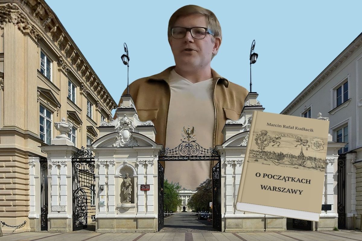 Brama Uniwersytetu Warszawskiego, mężczyzna w okularach w tle, z prawej okładka książki