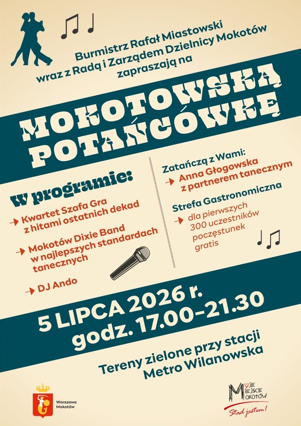 Na beżowym tle zarys tańczącej pary i nutki, mikrofon, treść napisów zawarta w artykule, logo urzędu Mokotów i Moje Miejsce Mokotów - Stąd jestem