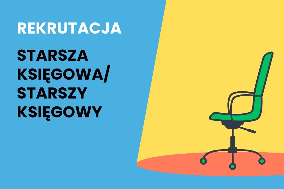 Na niebieskim tle napis: Rekrutacja. Starsza księgowa/ starszy księgowy, zielony fotel w świetle reflektora