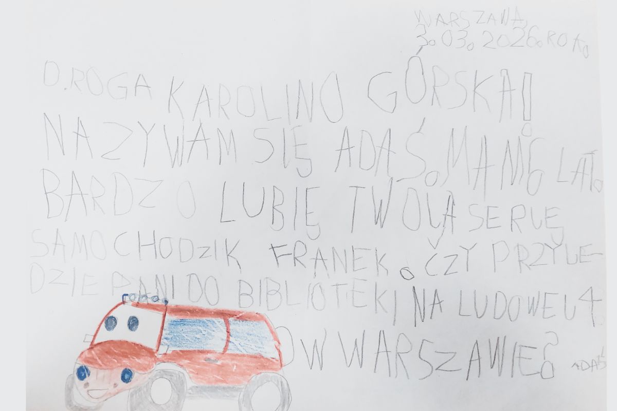 list Adasia, treść zawarta w artykule, rysunek czerwonego autka