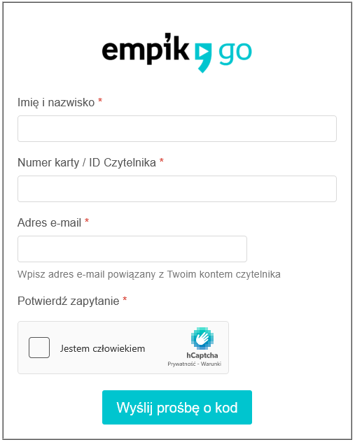 formularz z napsem: Empik go, imię nazwisko, numer karty/ID czytelnika, adres e-mail, potwierdź zapytanie