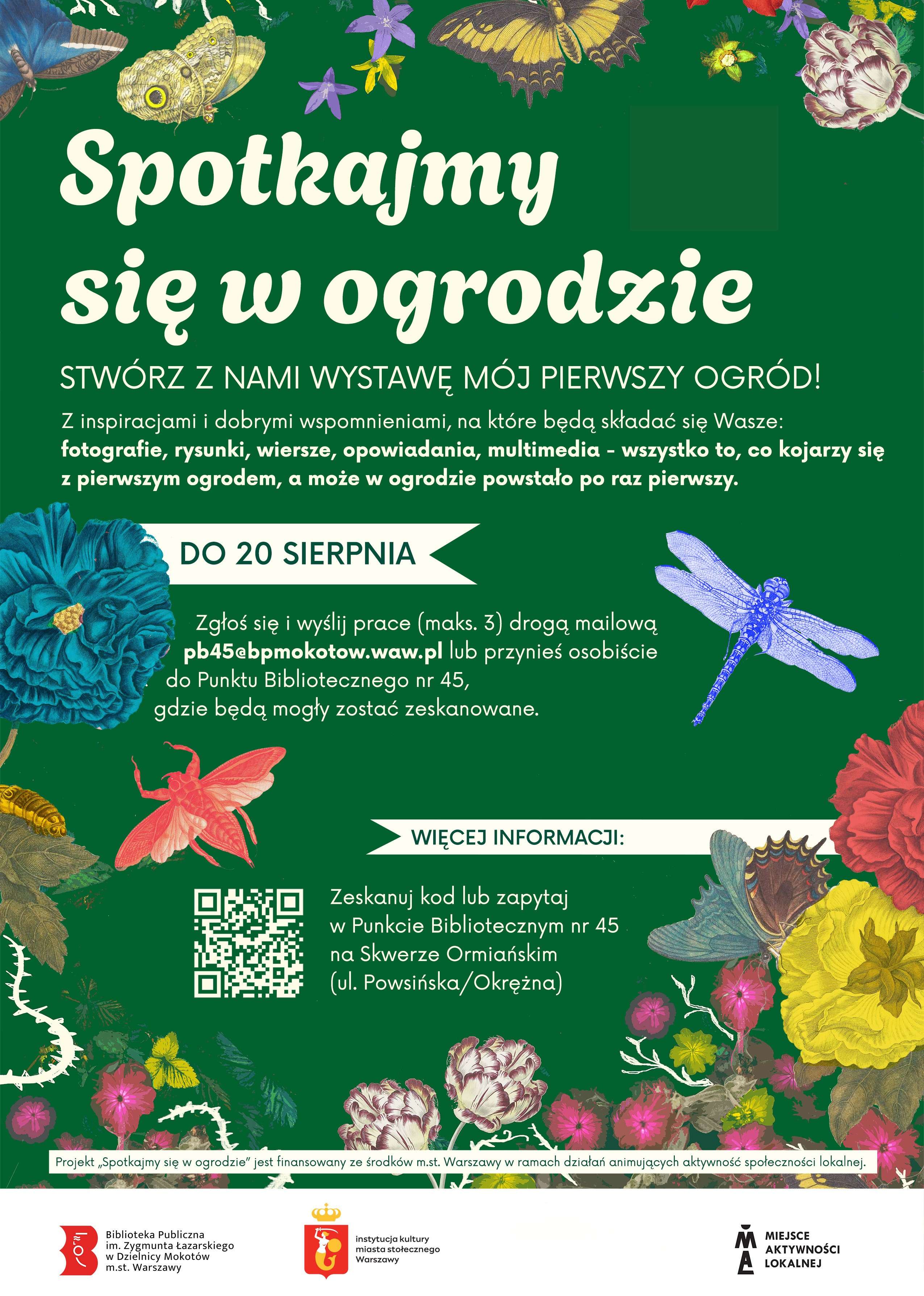 Kolorowe kwiaty i owady na zielonym tle, kod QR, logotypy, treść napisów zawarta w artykule