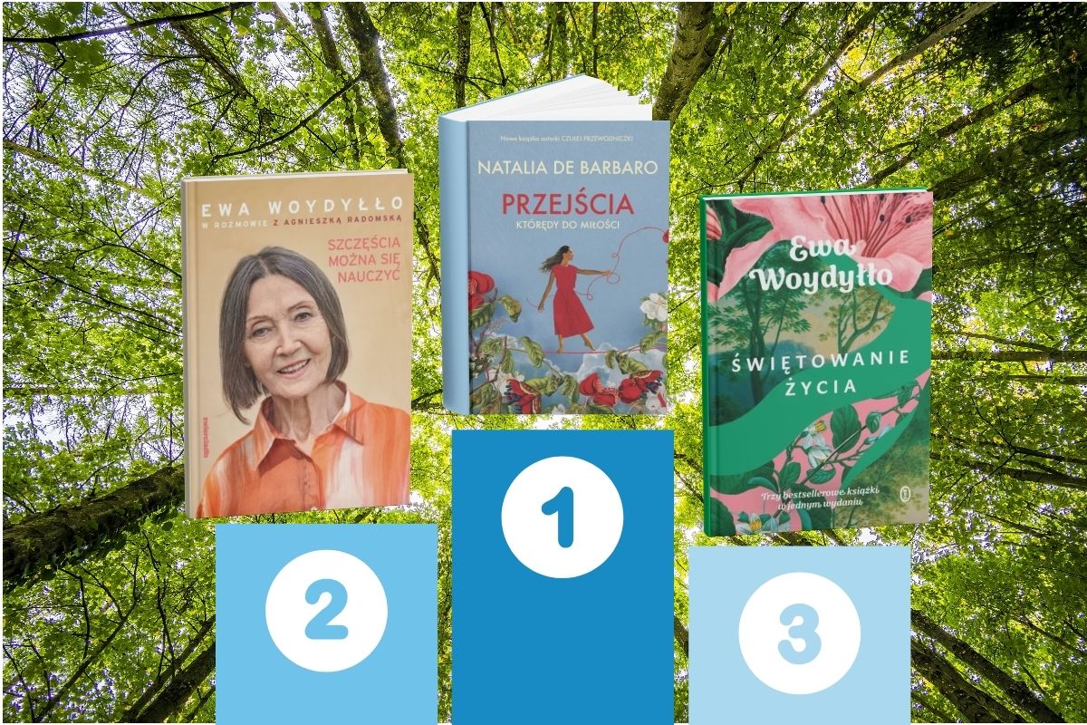Na tle drzew liściastych graficzne podium z cyframi 1, 2, 3, a na nim okładki trzech książek