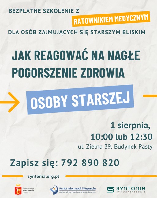 Napisy na beżowym tle - treść zawarta w artykule, na dole logotypy Warszawy, Punktu Informacji i Wsparcia, Stowarzyszenia Syntonia