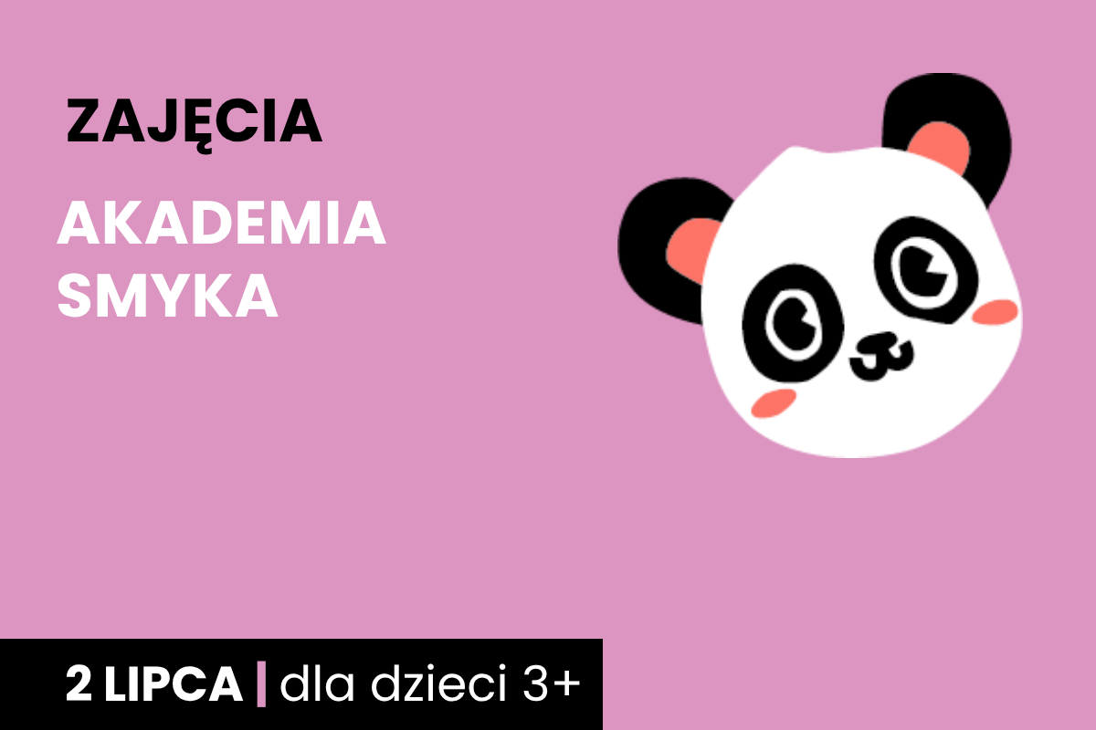 Rysunek twarzy koali. Do tego tekst; zajęcia; akademia smyka; 2 lipca; dla dzieci 3 plus.