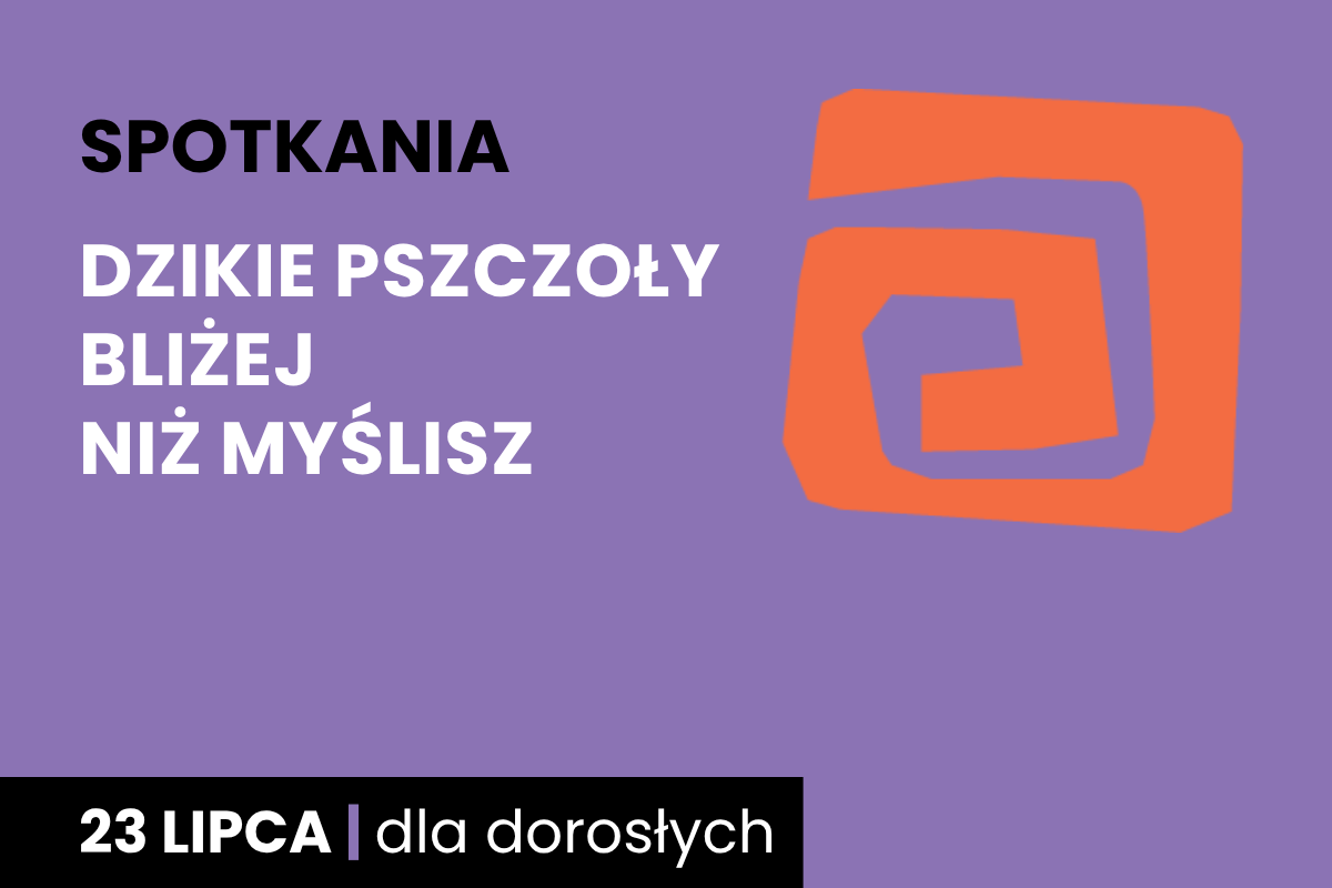 Rysunek pomarańczowej spirali. Do tego tekst: spotkania; dzikie pszczoły bliżej niż myślisz; 23 lipca; dla dorosłych.