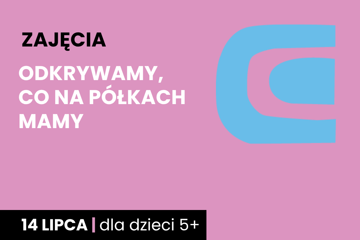 Prosty rysunek leżącej książki. Do tego tekst; zajęcia; odkrywamy, co na półkach mamy; 14 lipca; dla dzieci 5 plus.