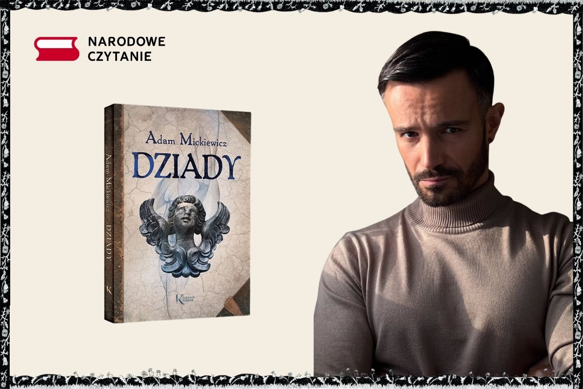 Mężczyzna brodą w beżowym golfie patrzy spod oka, z lewej okładka książki i logo "Narodowe Czytanie"