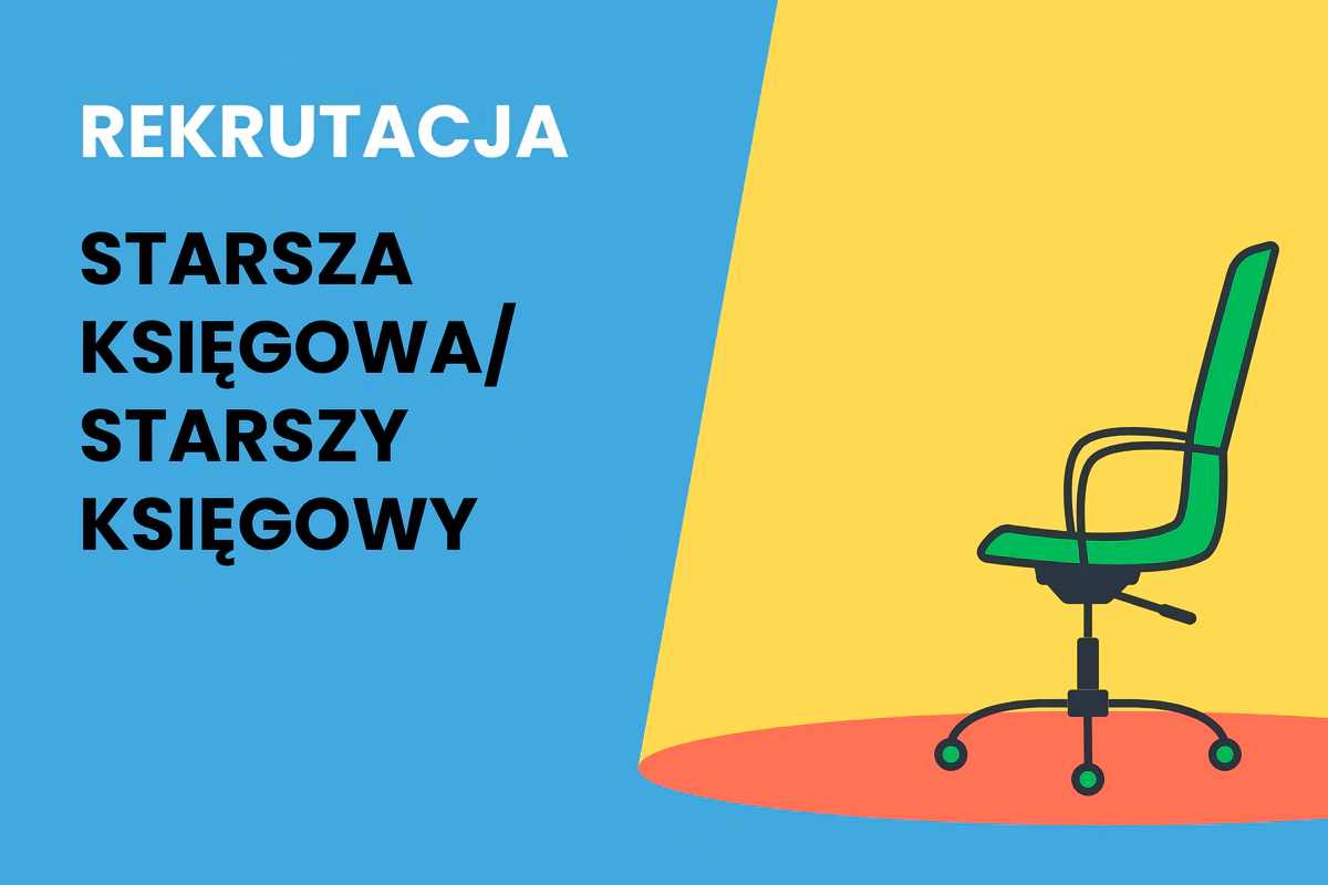 Na niebieskim tle napis: Rekrutacja. Starsza księgowa/ starszy księgowy, zielony fotel w świetle reflektora