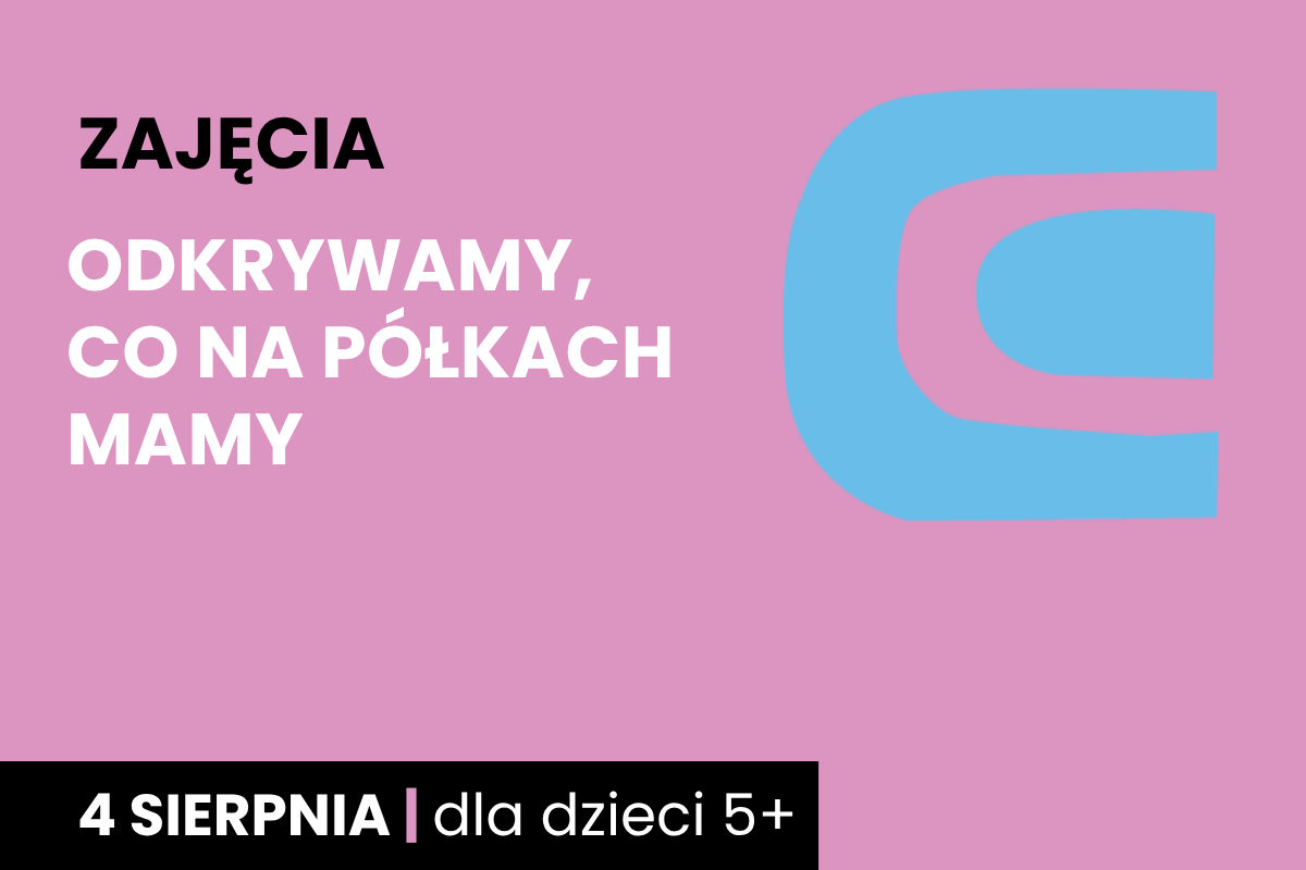 Prosty rysunek leżącej książki. Do tego tekst; zajęcia; odkrywamy, co na półkach mamy; 4 sierpnia; dla dzieci 5 plus.