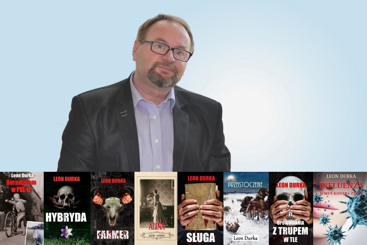 Na błękitnym tle mężczyzna w okularach z brodą i wąsami, na dole okładki ośmiu książek
