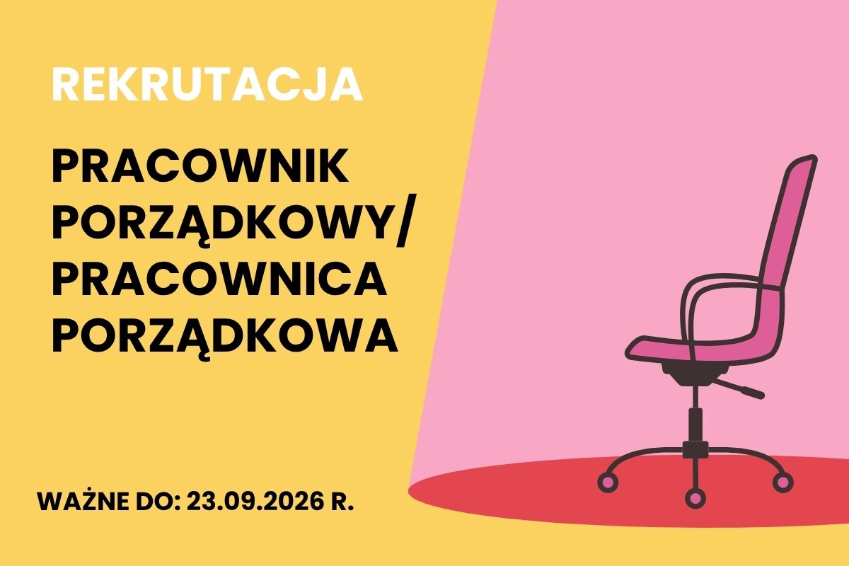 Na żółtym tle napis: Rekrutacja. Pracownik porządkowy/pracownica porządkowa, ważne do: 23.09.2026 r., różowy fotel biurowy w świetle reflektora