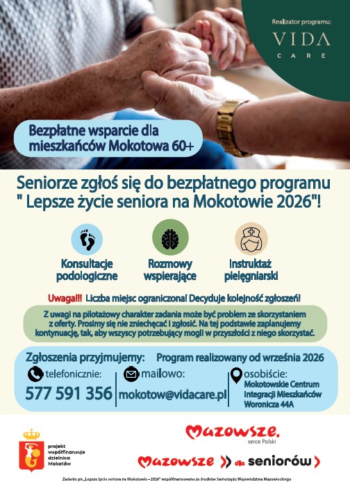 Ręce opiekuna trzymają ręce seniora, napisy na zdjęciu i tekst w treści artykułu, na dole logotypy