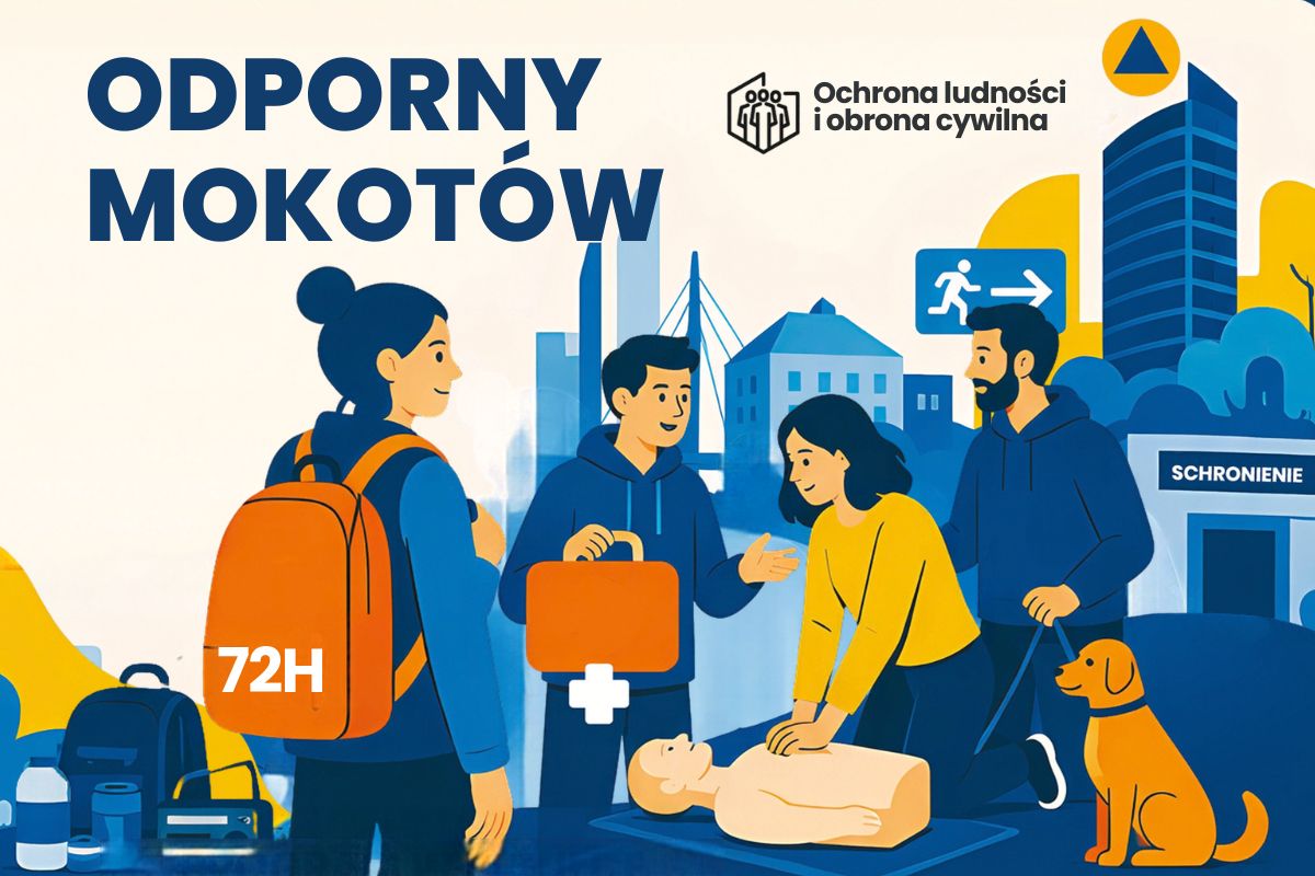 Ludzie ćwiczą resuscytację oddechowo-krążeniową, w tle mokotowskie budynki, napis: Odporny Mokotów, logo: Ochrona ludności i odporność cywilna
